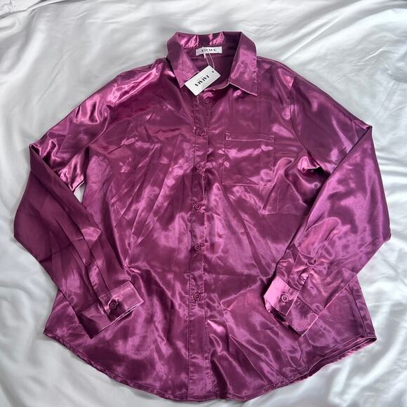 ✨Pausus Womens Small Blouse Pink Satin Silk Button Up Long Sleeve Shirt Top NWT - Picture 2 of 7